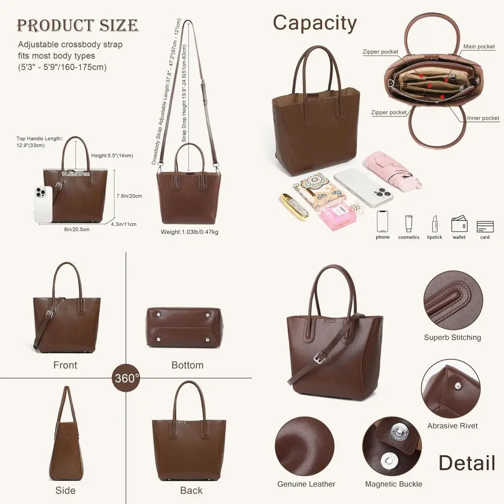 

Women's Genuine Leather Crossbody Tote Bag with Adjustable Strap for Work and Everyday Use