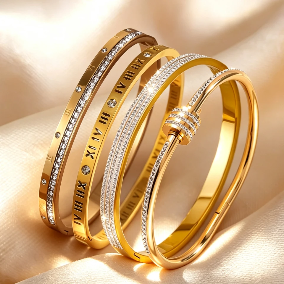 Luxury Stacking Bangle For Ladies Roman Numeral Cubic Zirconia Bracelets Wedding Banquet Daily Fashion Jewelry Gift