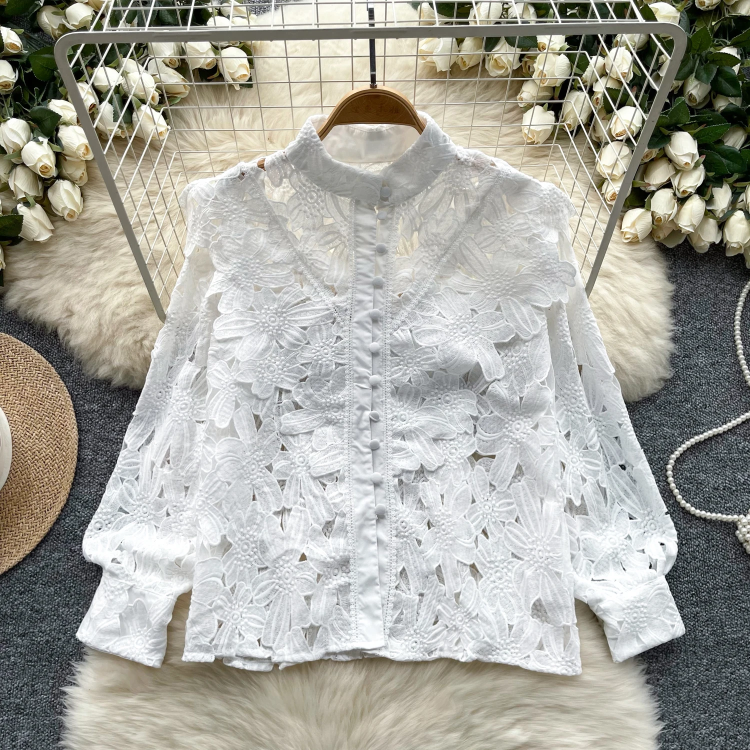 Retro loose sweet cut out lace lantern sleeve embroidery rhinestone  basics Blouse Slim Shirt Women summer Top