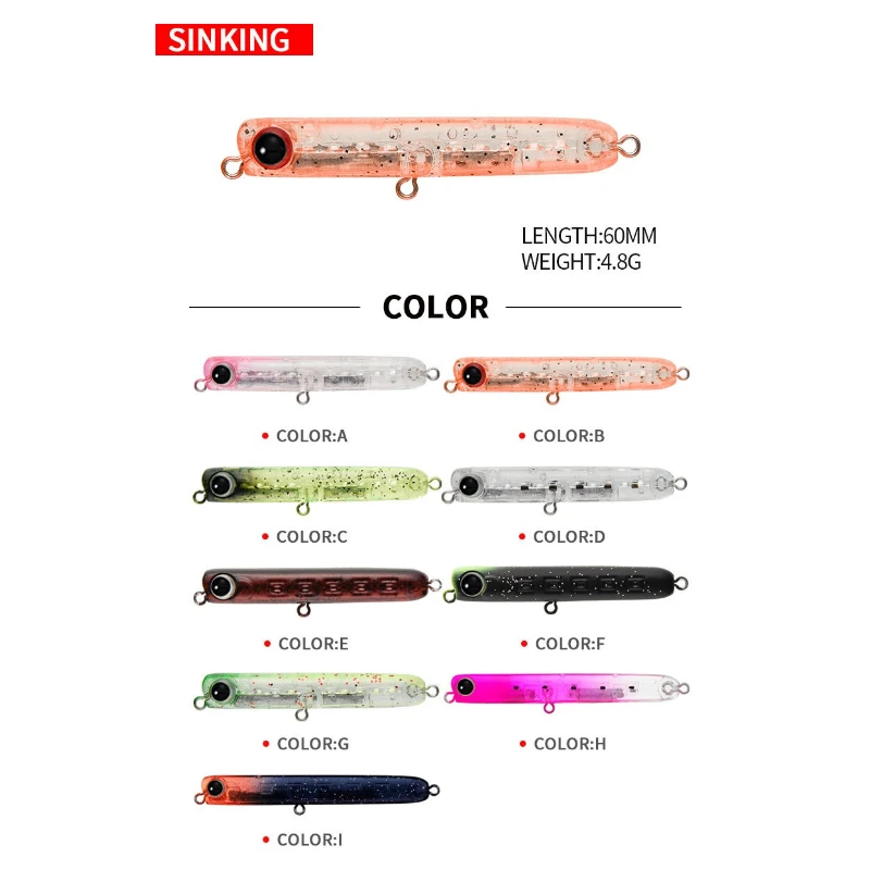 Billings Wobbler Sinking Pencil Bait 60cm 4.8g Micro Sinking Trolling Pencil for Black Bass Jigging Bait Practical Fishing Gear