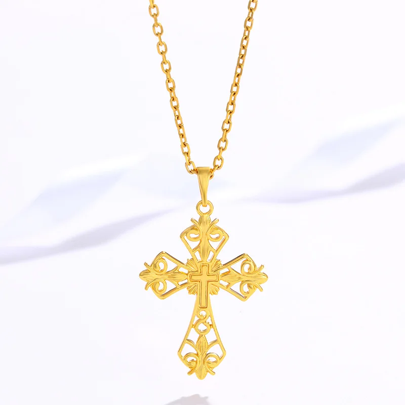 

Luxury 24K 9999 Pure Gold real gold Men's and Women's Hollow Cross Pendant Necklace