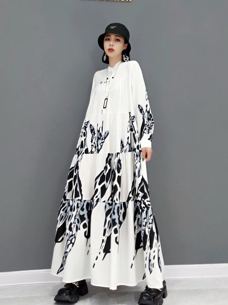 Women Long Sleeves Crew Neck Dress Loose Leisure Mid-length Printing Temperament White A-line Dress 2024 Spring Autumn LHX1756F1