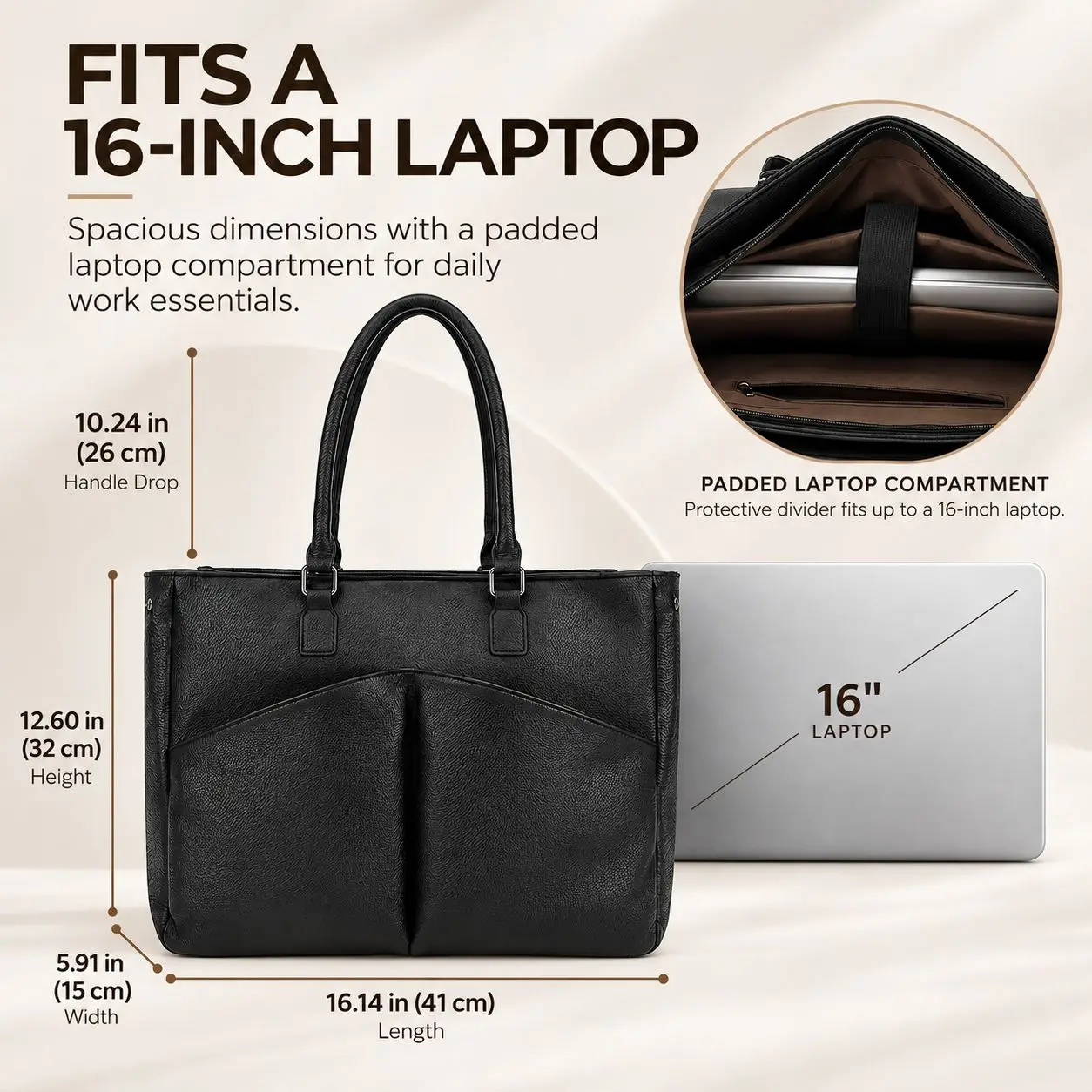 Women's Tote Bag, Large PU Leather Work Handbag with 16-Inch Laptop Compartment, Multiple Pockets, Shoulder Bag for Office Use