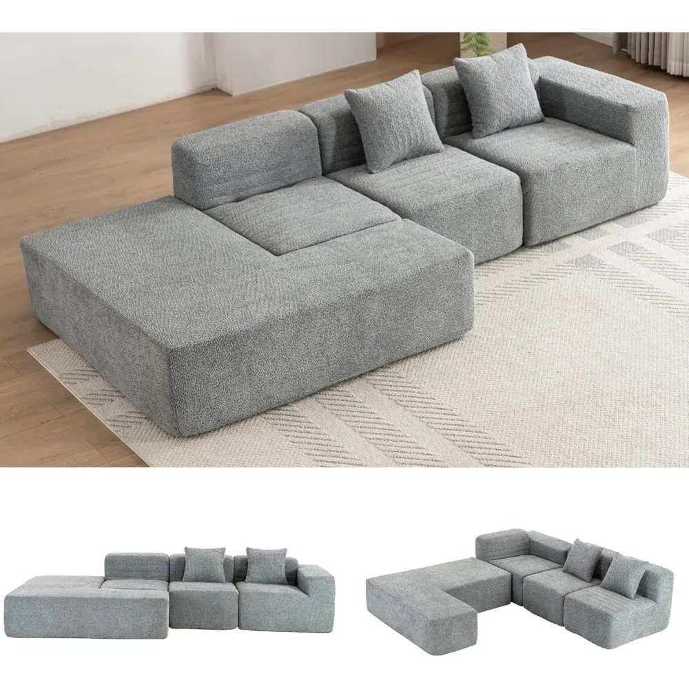 

Minimalist Cloud Sectional Couch with L-Shape Chaise, Gray Modern Modular Sofa with Deep Seat, 4 Seat Sleeper Couches Set