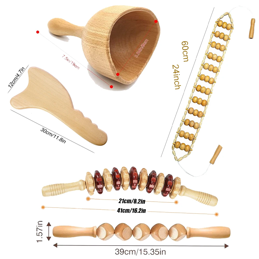 5PCS Wood Therapy Massage Tool Wood Massager Roller Wooden Fascia MassageKit for Cellulite Muscle Blasting Full Body Muscle Pain