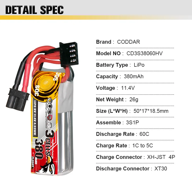 3 sztuki CODDAR POWER MAX 120C 3S 11.4V 380mAh 60C z wtyczką XT60 bateria Lipo do 1:8 1/8 RC cztery samochody terenowe