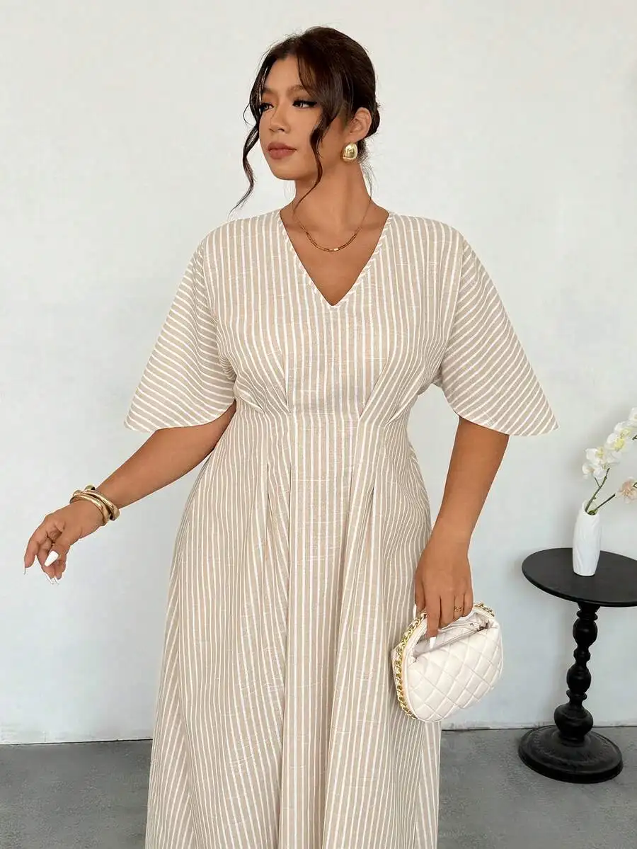 

Plus Size V-Neck High Waist Pleated Flared A-Line Midi Dress Casual Elegant Spring Summer Women