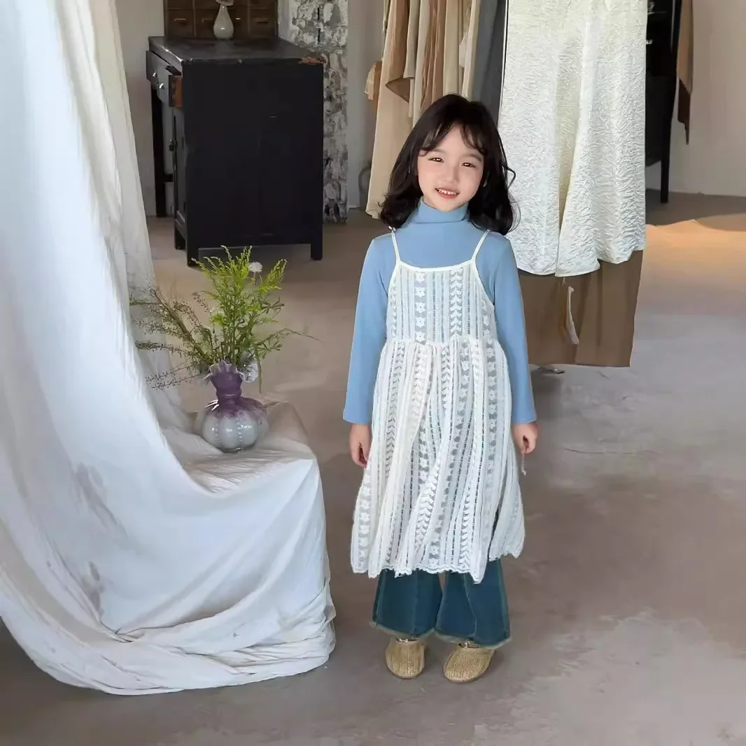 Vestido de camisola de renda casual infantil, lavando saia, retrô, make old jeans, nova roupa coreana, outono, inverno, 2020, 2024