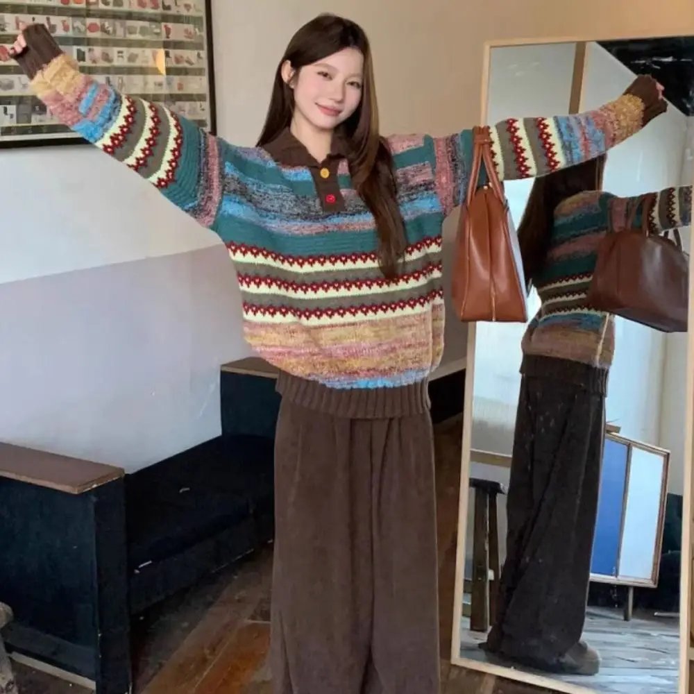 

Leisure Long Sleeve Knit Sweater Women Soft Loose Colorfult Crochet Knitwear Sweet Retro Sweet Girl's Pullover Gift