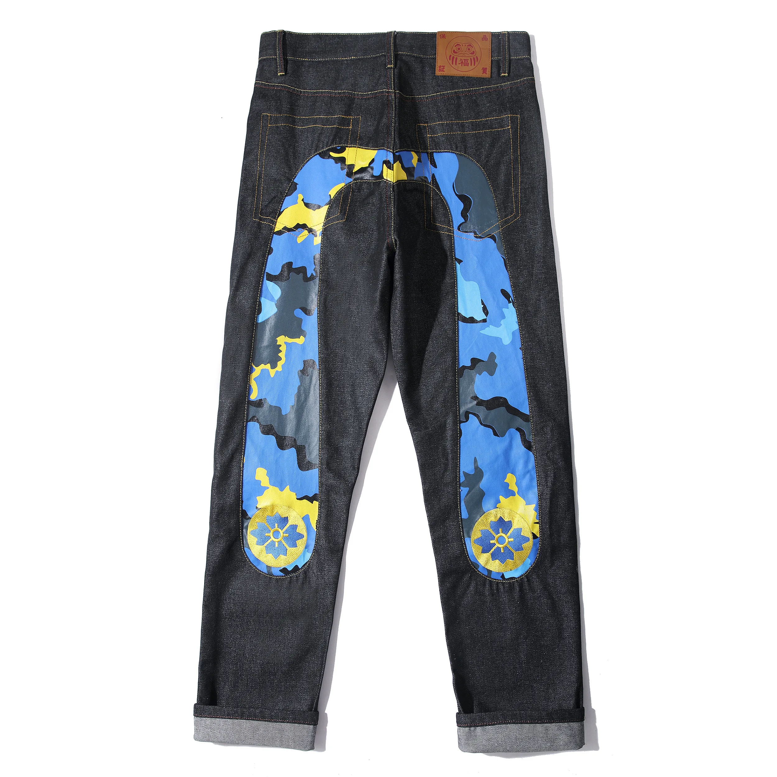 Men's Japanese Handmade Embroidered Cotton Jeans Straight Tube Slim Fit Hip-Hop Trousers Red Ear Detail Devil Big M Golden Text view 6