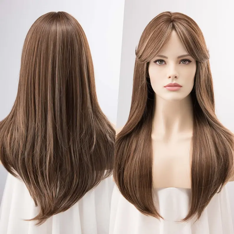 

Brunette Wig with Blonde Highlights Side Bangs Straight Brown Wigs Cosplay Wig Party Hair Wig for Women