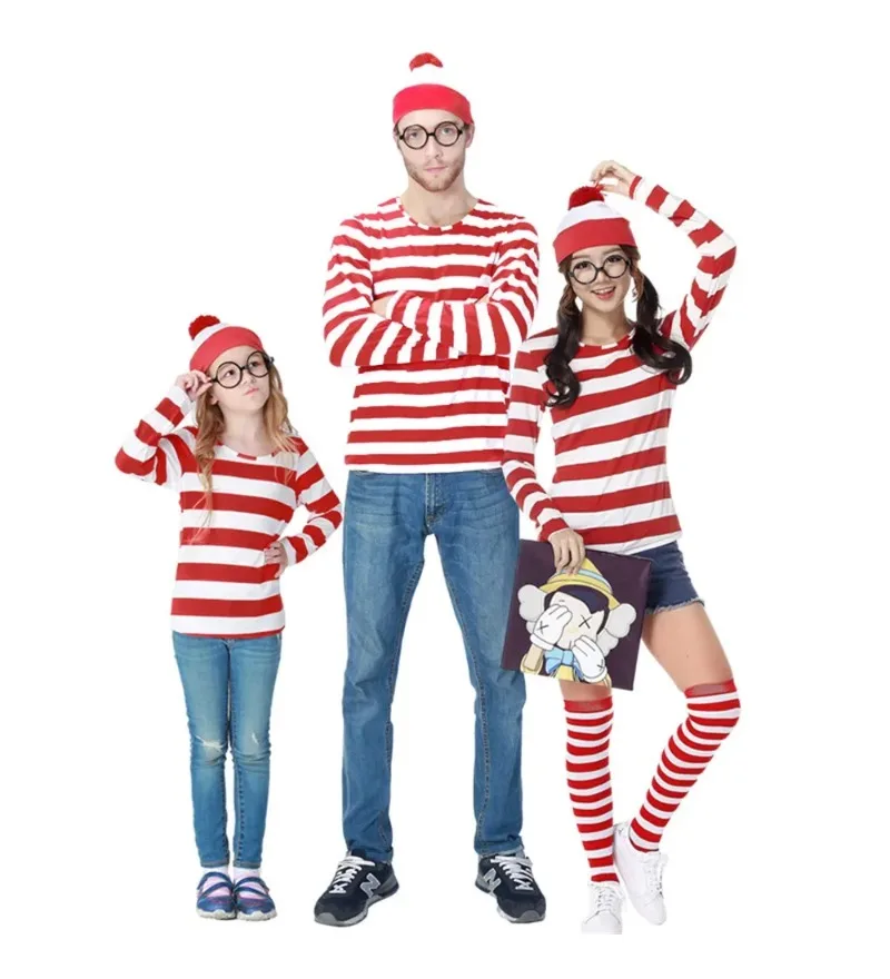 

Нарядное платье Waldo Book Week, одинаковый семейный костюм «Где Уолли», рубашка для родителей и детей, красная, белая полосатая рубашка + шапка + очки для девочек и мальчиков