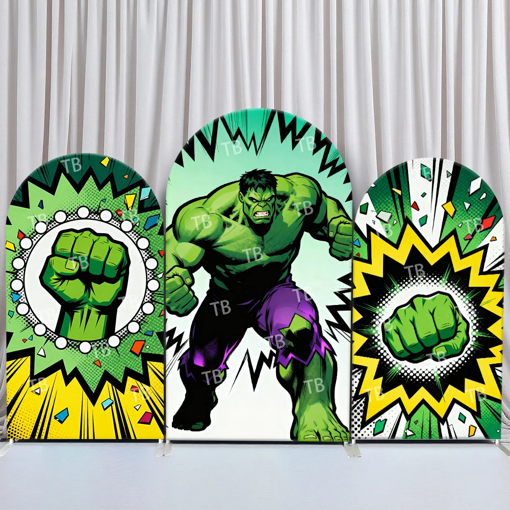 Marvel Hulk arco telón de fondo cubierta cómic colorido efecto de ráfaga diseño de puño fiesta de cumpleaños para niños accesorios para fotomatón para decoración