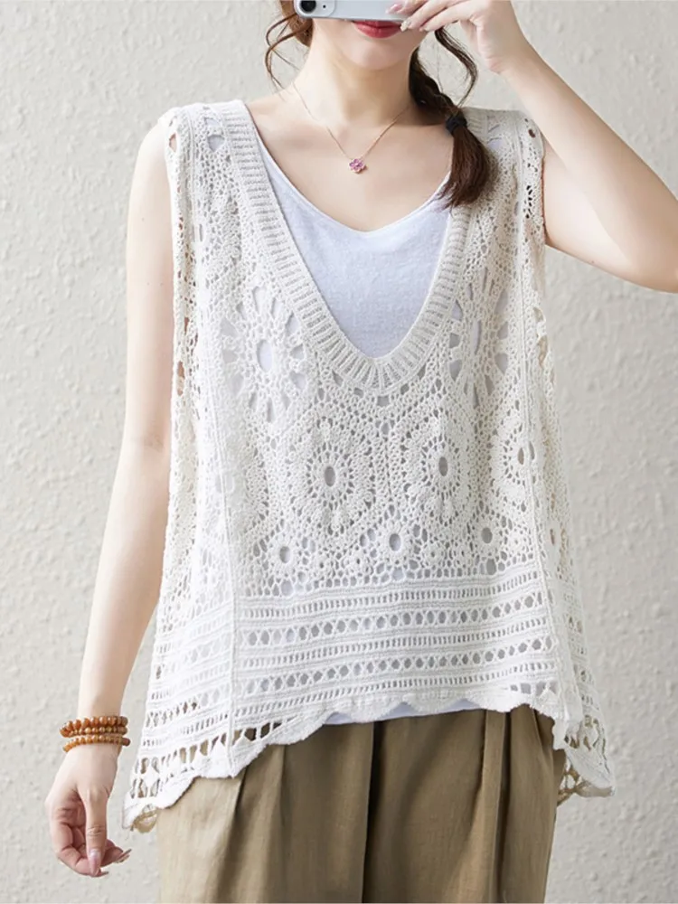 Oversized Summer Sleeveless Vests Tops Women Embroidery Hollow Out Fashion Ladies Cropped Blouses Loose Pleated Woman Vests Tops