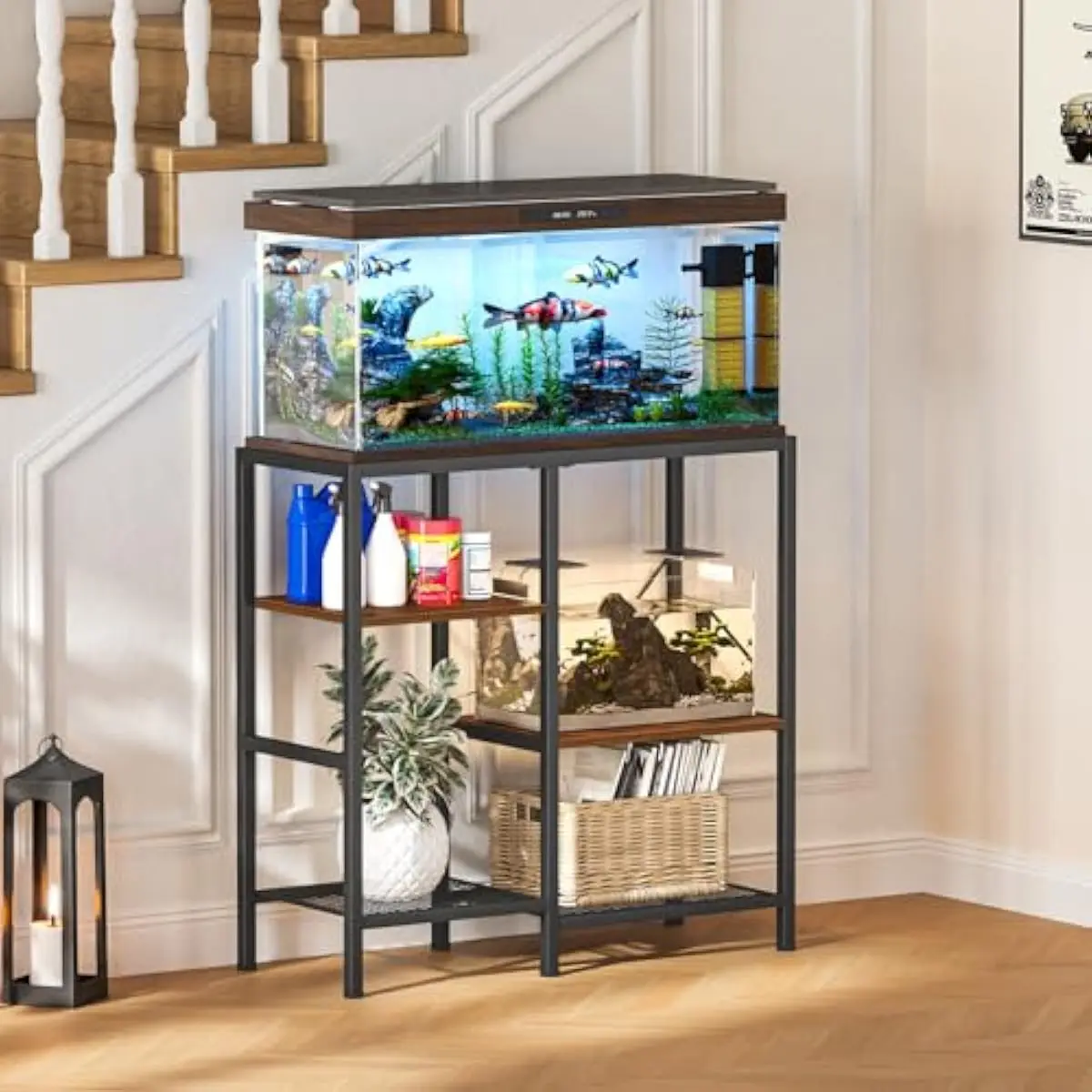 30 Gallon Aquarium Stand with Three-Tier Storage Layout Heavy-Duty Steel and Engineered Wood Frame Adjustable Leveling Feet Poli