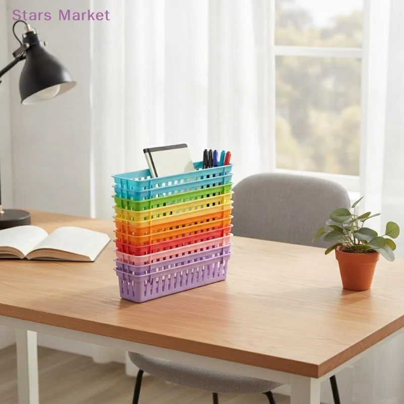 Stackable Storage Tray Colorful Plastic Pencil Basket Classroom Organizer For Pencils Crayons Small Stationery Desk Organization