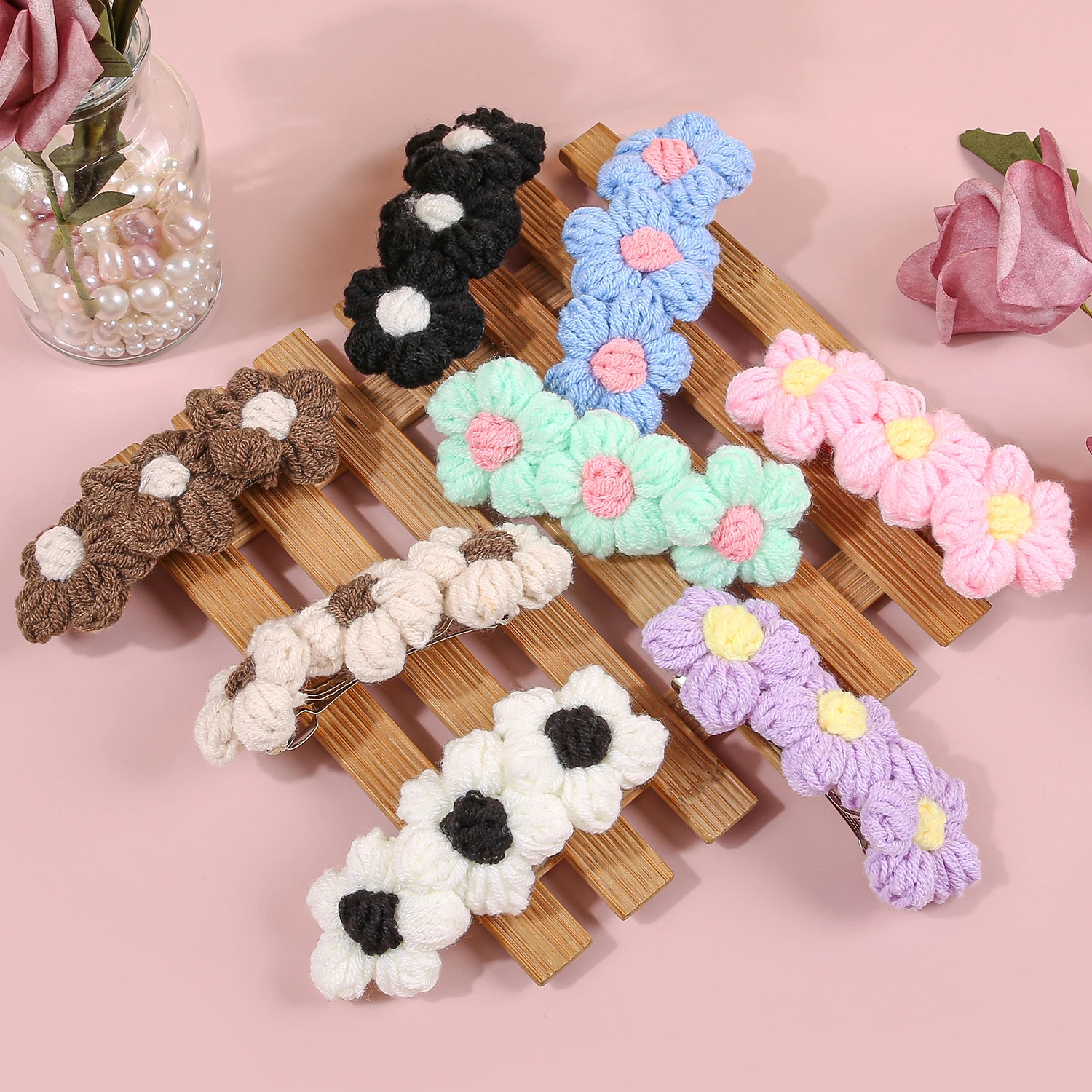 1/4 قطعة غزل الحياكة الموضة زهرة مقاطع الشعر زهرة الفرنسية دبابيس الشعر النساء الفتيات مقاطع Hairgrip حامل ذيل حصان إكسسوارات الشعر