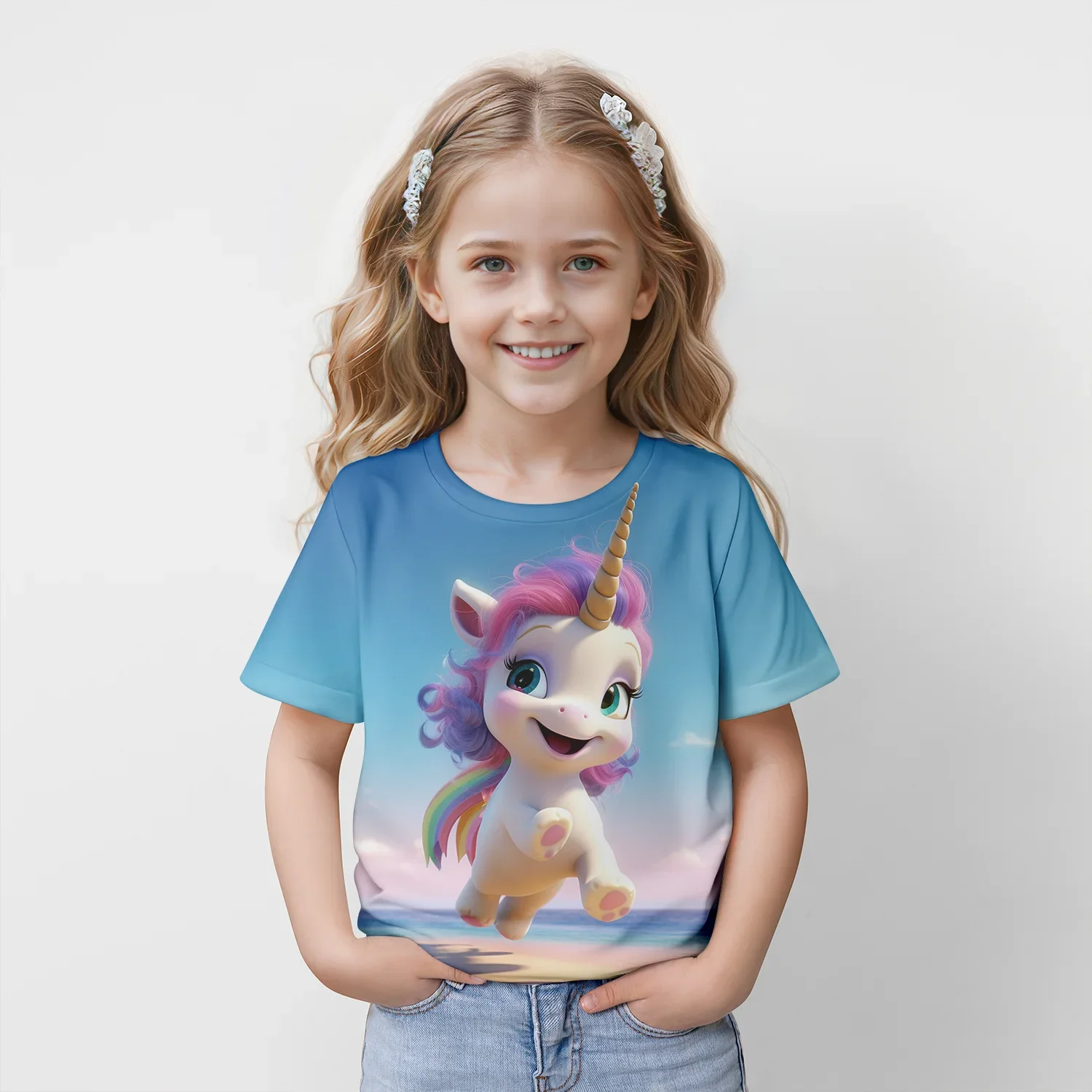 2024 neue Sommer Kinder Einhorn Grafik Tops T-Shirts 3D-Druck T-Shirt Kinder lässig Kurzarm Kleidung Mädchen Sport Streetwear