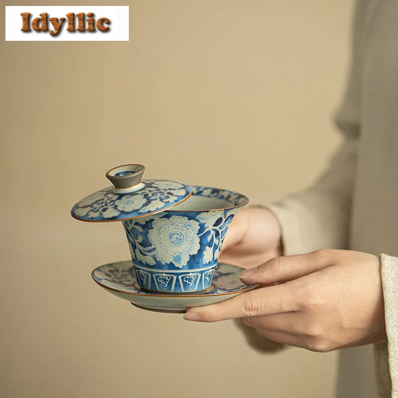 

150ml Ru Kiln Blue And White Suspended Horseshoe Gaiwan Zen Tea Tureen Tea Bowl With Lid Kit Tea Maker Cover Bowl Teaware Craft