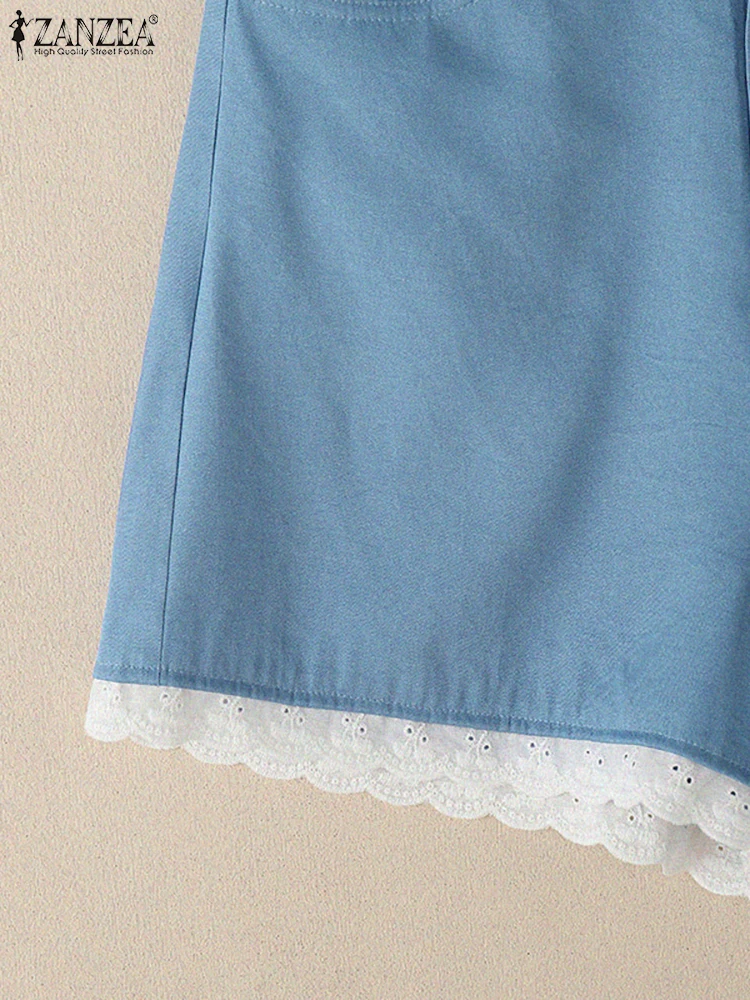 ZANZEA, pantalones cortos tipo mezclilla con ribete de encaje a la moda para mujer, pantalones cortos con cremallera de Color sólido, ropa informal diaria de verano 2025, pantalones para mujer