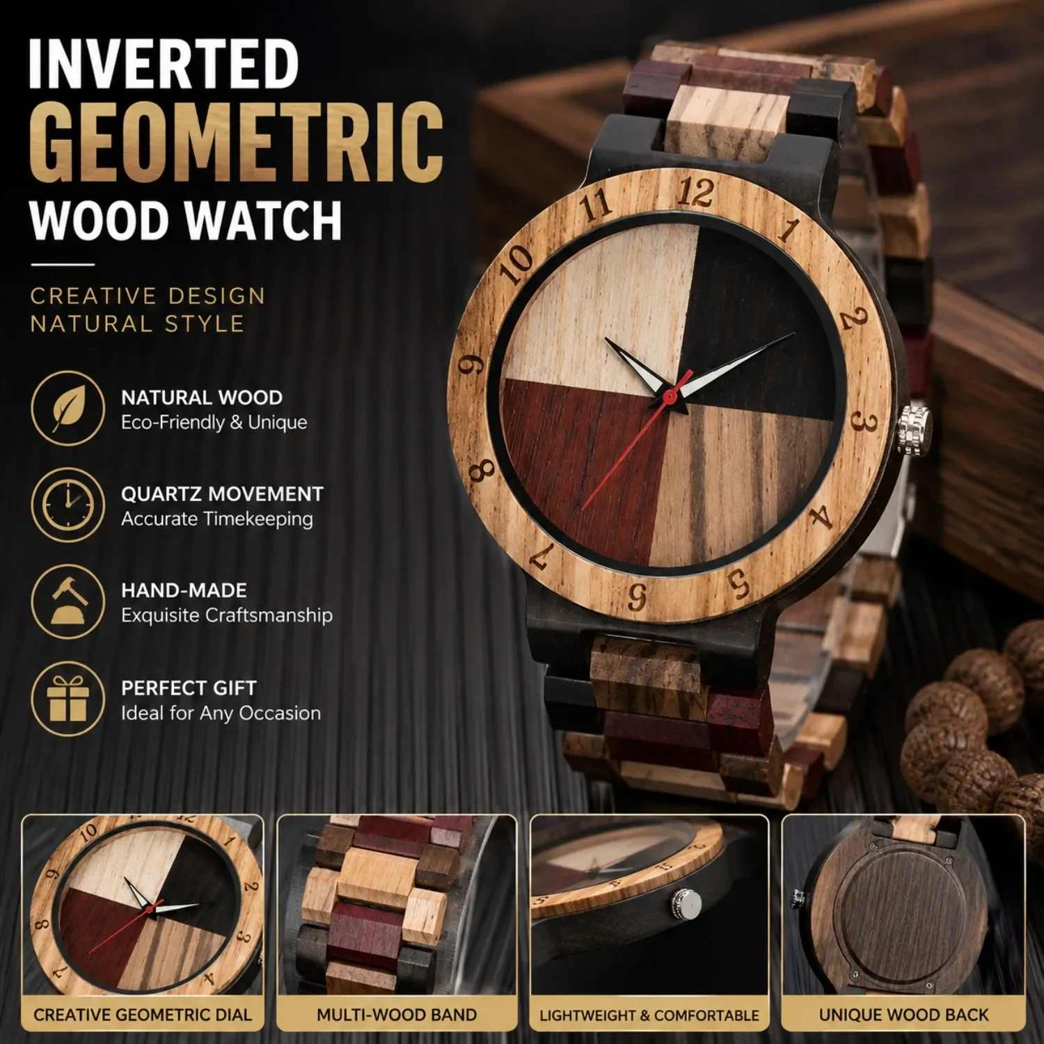 Inverted Geometric Wood Watch Creative Quartz Watch for Men Hand-Made Wooden Watches