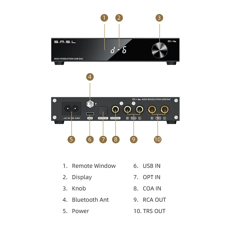 Imagem -03 - Decodificador Smsl d6 Dual Ak4493s Suporte Dsd512 Pcm 768khz 32bit d6 Dac Bluetooth 5.1 Sbc Aac Aptx Aptx hd Ldac com Controle Remoto