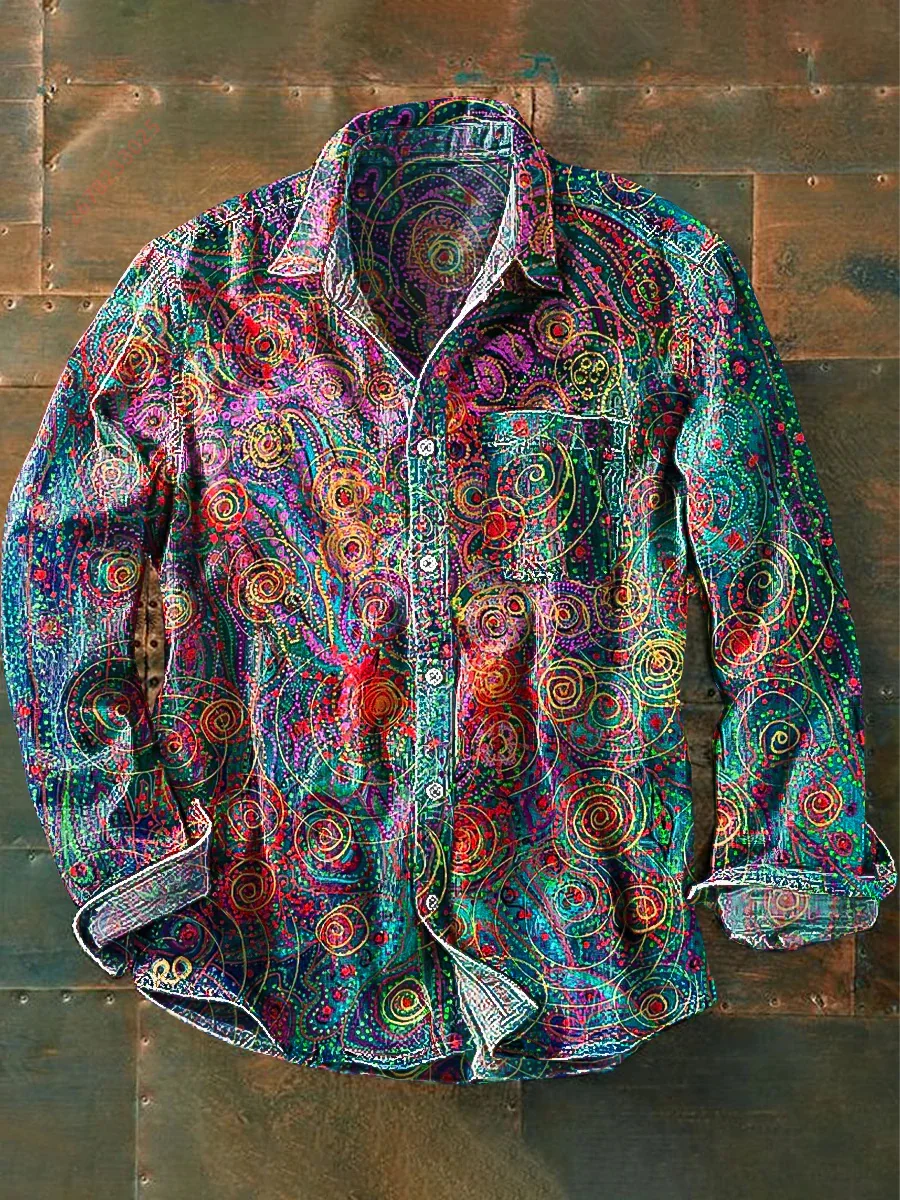 2026 Retro Ethnic Style Spiral Print Long-Sleeve Shirt, European and American Fashion Loose Casual Print Top, Sizes XS-6XL