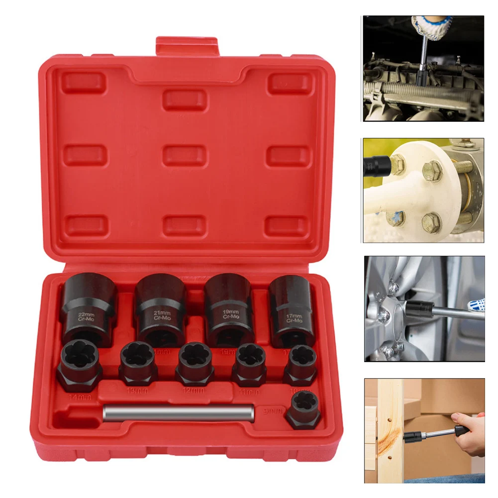 11PCS Lug Nut Remover Extractor Set Cr-Mo Steel Socket For Damaged Rusted Stud Bolt Removal With 3/8 And 1/2 Inch Drive Adapter