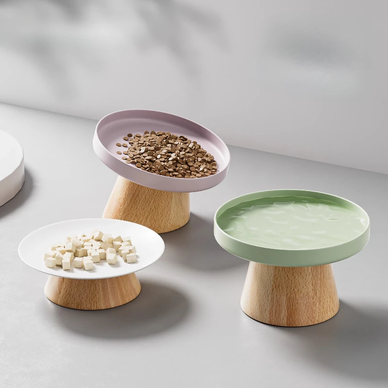 

Solid Wood Ceramic Cat Dog Bowl Elevated Neck Protection High Raised Anti Spill Food Water Dish Feeding Stand for Pets