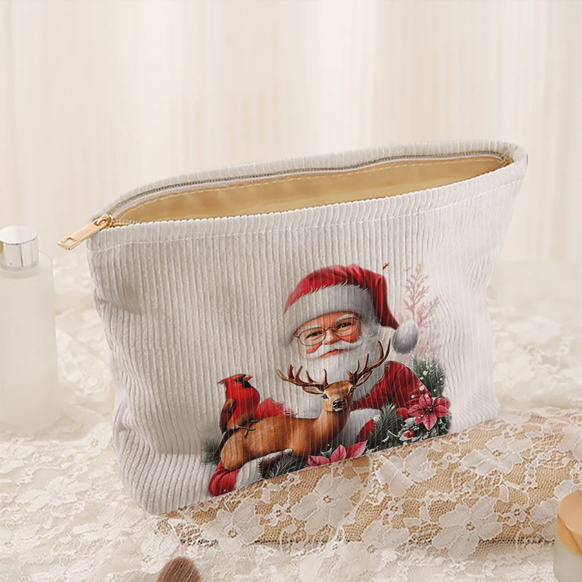 1 Christmas themed corduroy makeup bag, lightweight zipper makeup storage box, multifunctional bag with lining