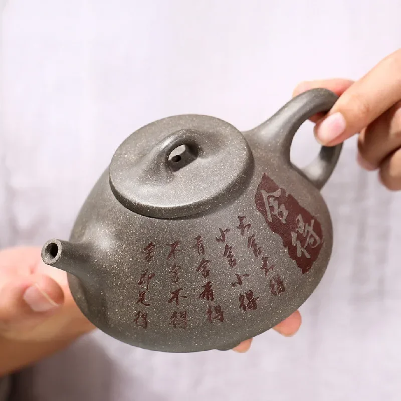 240ml Chinese Tea Ceremony Accessories Yixing Hand Carved Shede Tea Pot Handmade Purple Clay Stone Scoop Teapot Beauty Kettle