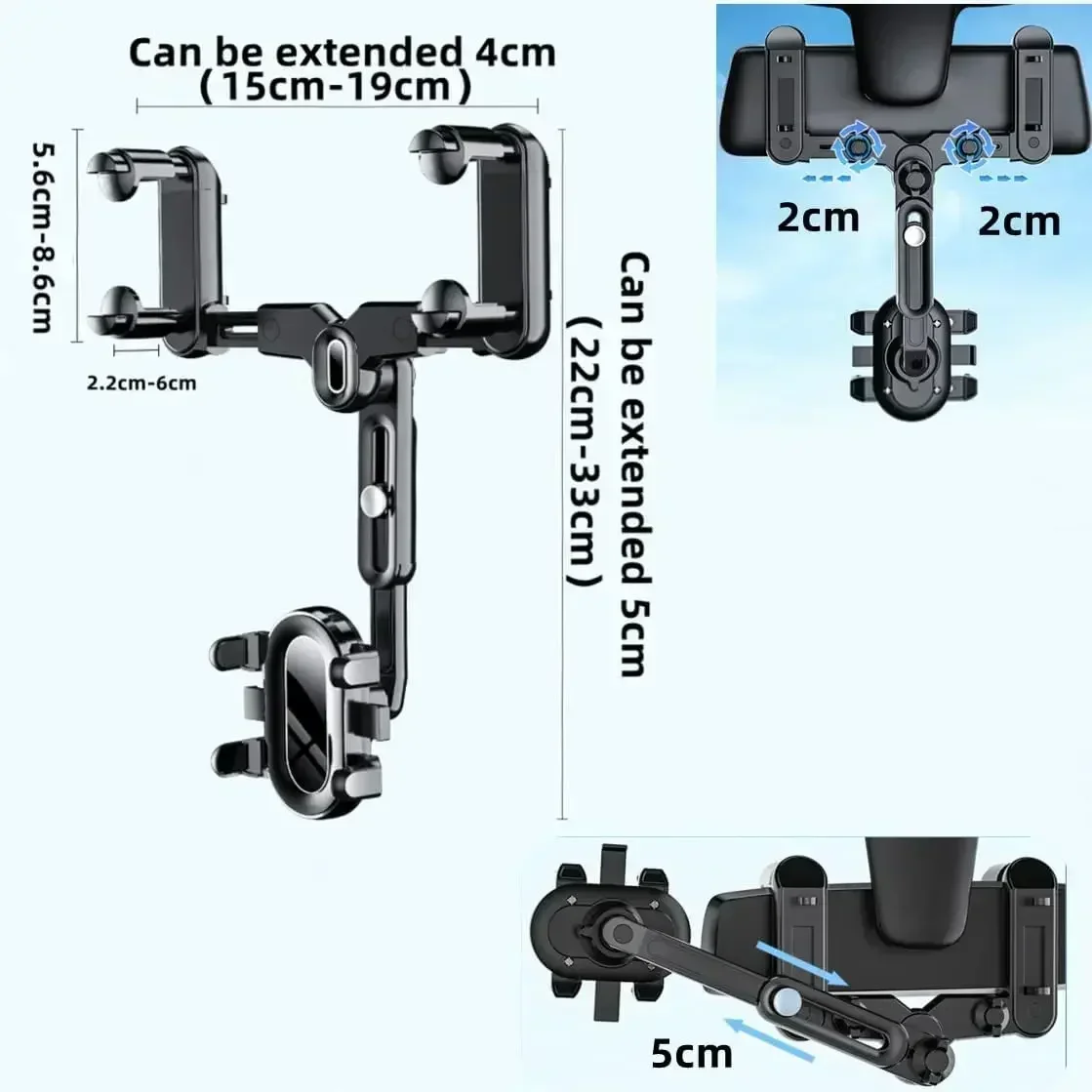 Rearview Mirror Phone Holder for Car 360° Rotating Rear View Mount with Adjustable Arm Length for iPhone Samsung All Smartphones