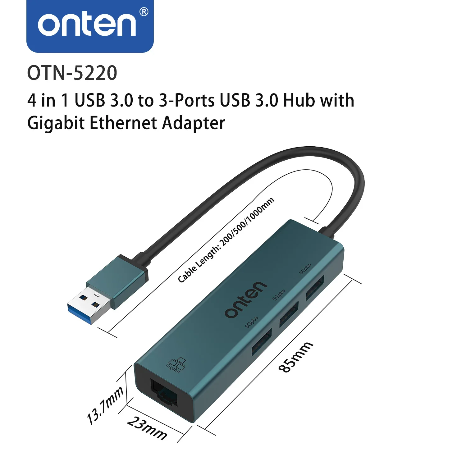 

4-в-1 концентратор ONTEN USB 3,0 на 3 порта USB 3,0 с гигабитным Ethernet-адаптером