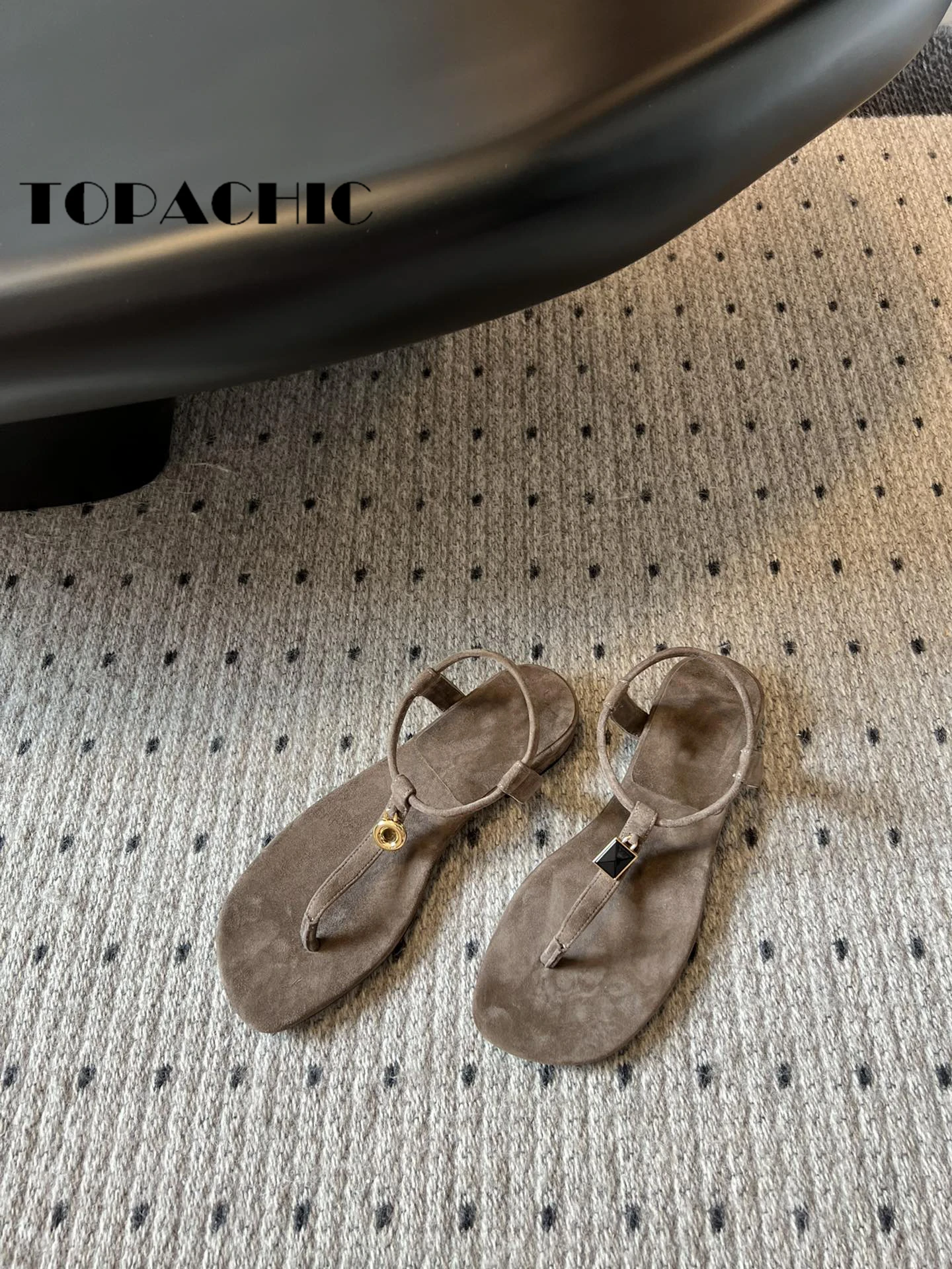 6.5 TOPACHIC High Quality Cow Suede T-tied Gold Elastic Strap Slippers Cow Suede Flip-Eiops Flat Comfortable Sandals Women