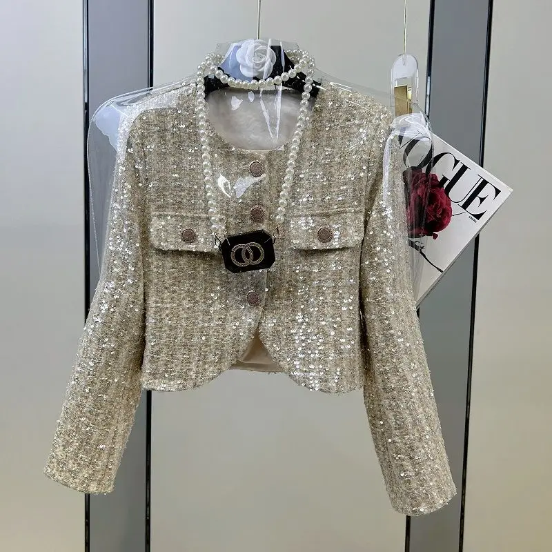 Donna autunno primavera ricamo in rilievo blazer cappotto giacca con paillettes cappotto abiti Cardigan Slim vita alta Crop top