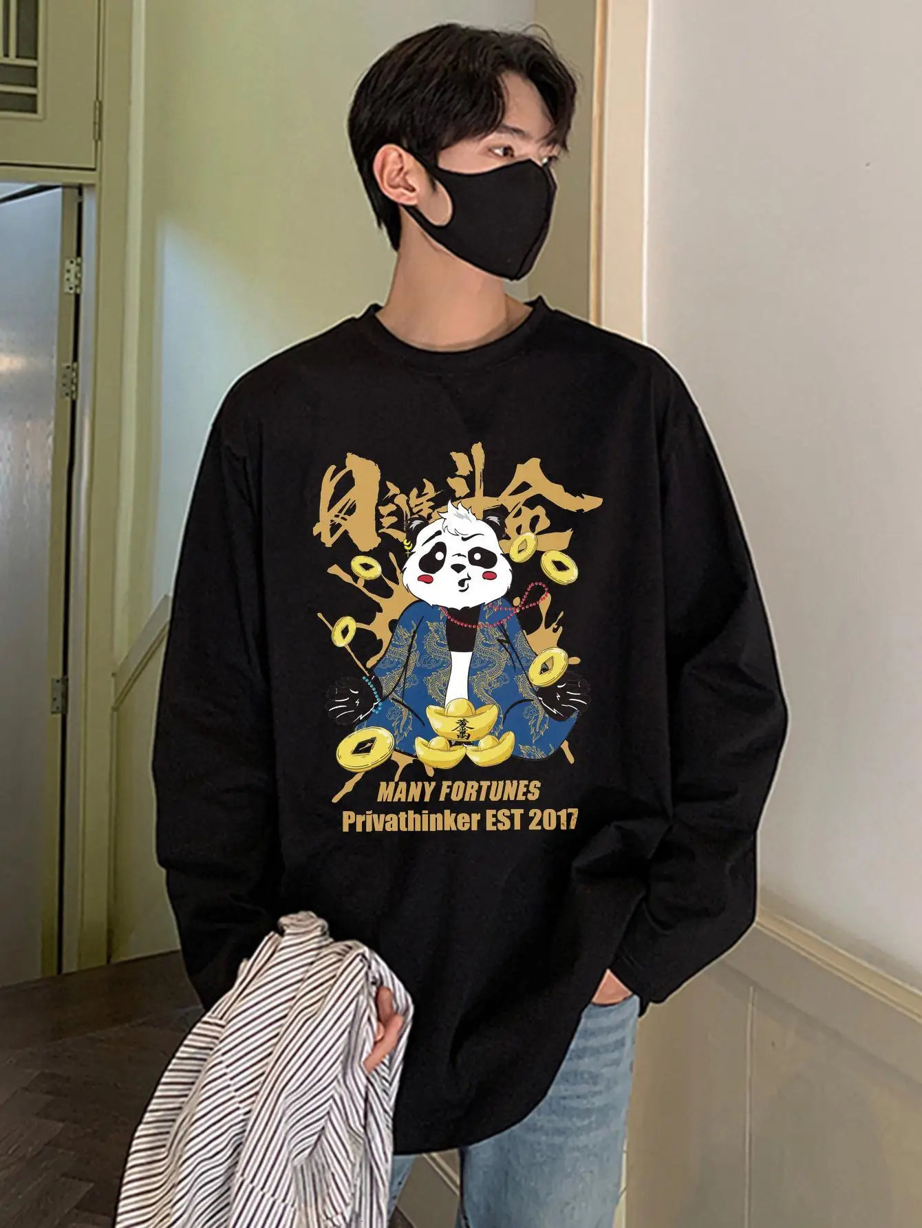 Many Fortunes Panda Print Men T-shirts Long Sleeve Autumn Unisex Tees 100% Cotton Oversize Male Fashion Brand Clothing Harajuku