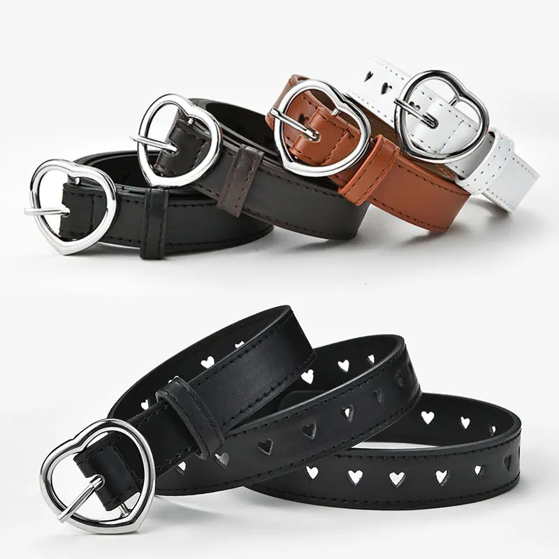 New Decorative Girl Belt for Children Heart Hollow Out Cute Waist Belt Pin Buckle Fashion Casual Kids Leather Belt 90cm