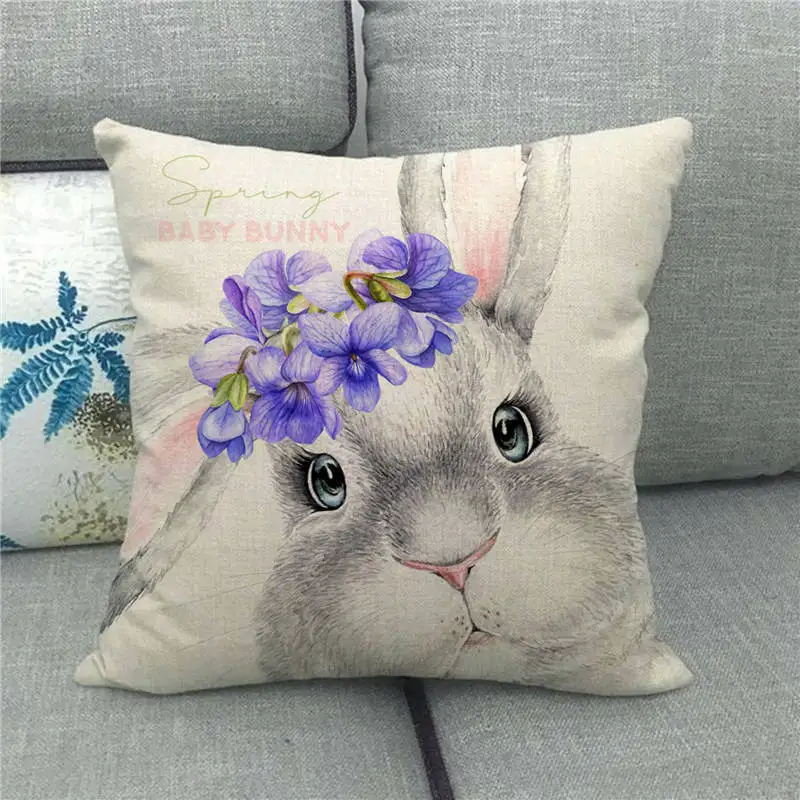 Cartoon Bunny Easter Eggs Printed Cushion Cover 18x18 Inches Square Linen Pillow Cover Living Room Home Decor Throw Pillowcases