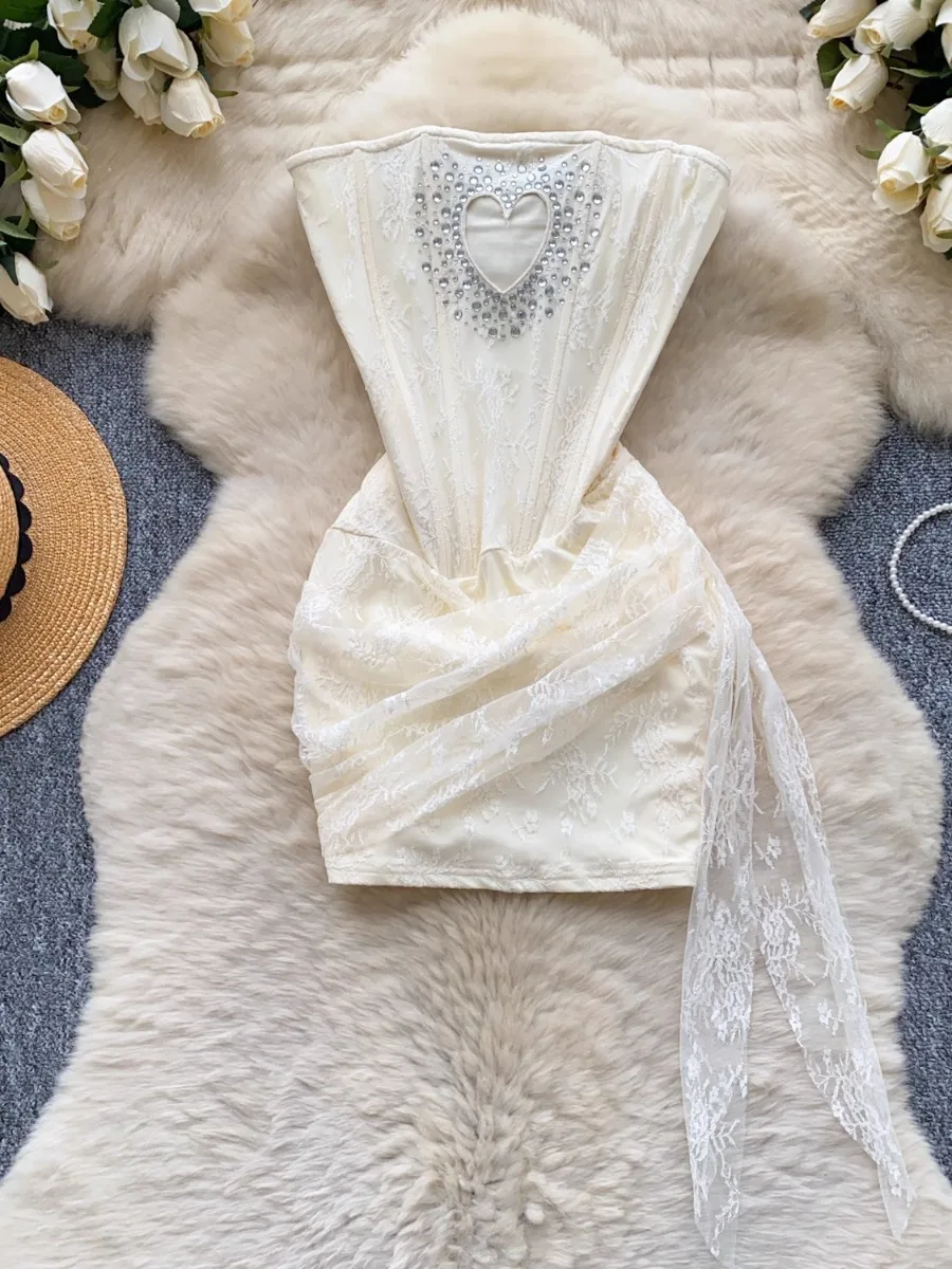 Foamlina Abito a tubino con stelle filanti in rete jacquard con strass ritagliati a cuore Mini abito romantico chic estivo da donna in vita francese