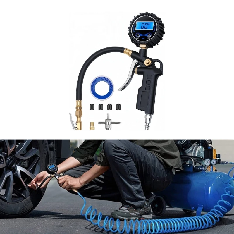 Tire Pressure Gauge and Inflator Large Display 250PSI Heavy Duty Air Chuck and Compressor Accessories with Rubber Hose