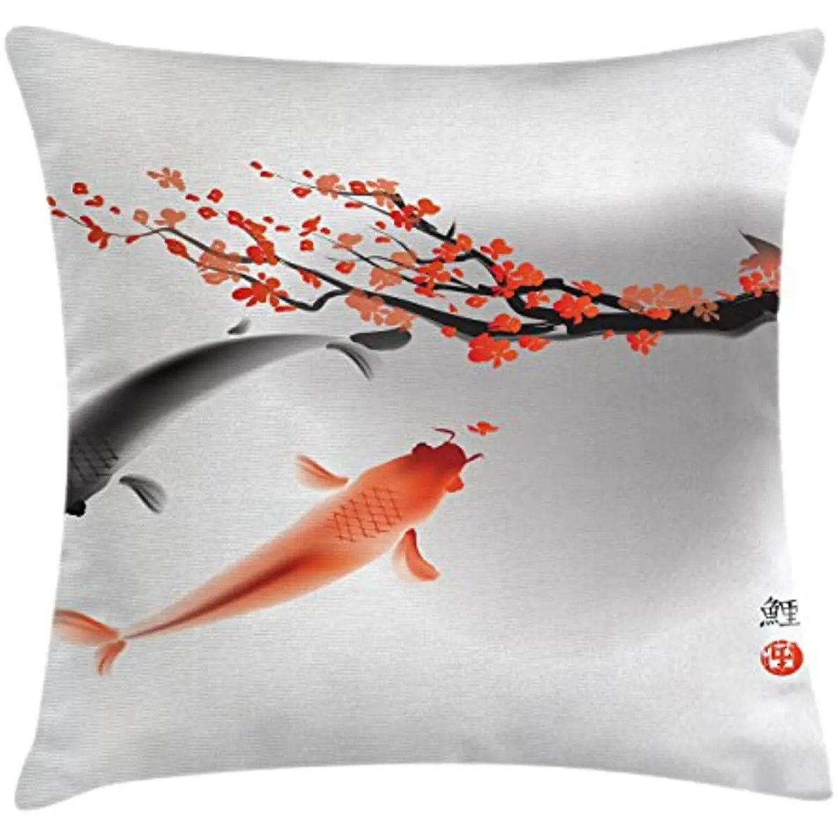 Koi Carp Fish Couple Swimming Cherry Blossom Sakura Branch Culture Design, Decorative Square Accent Pillow Case