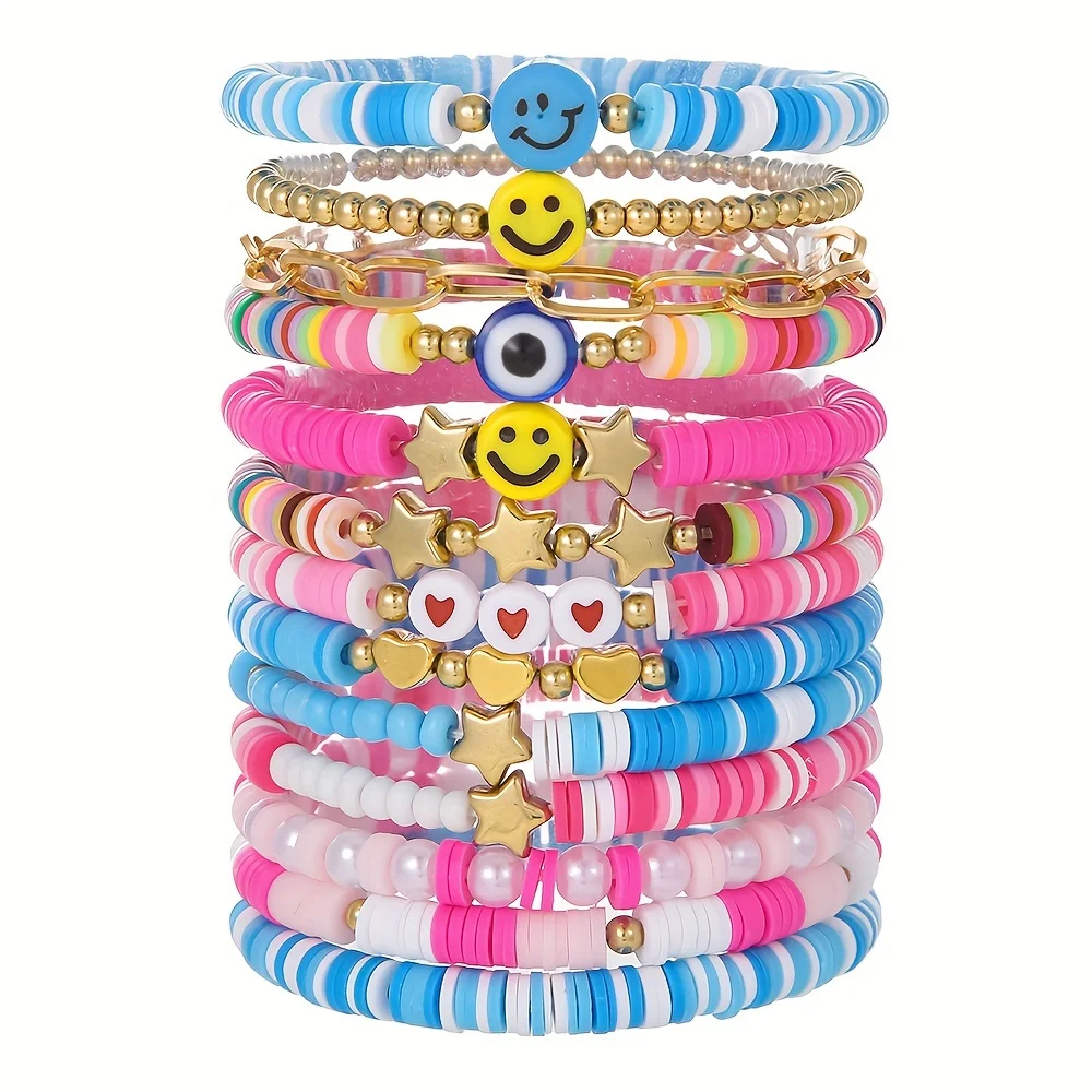 Vedawas 9pcs/set Bohemian Handmade Beaded Polymer Clay Bracelet Set，Lovely Party Smiley Face Love Pentagram Women Accessories