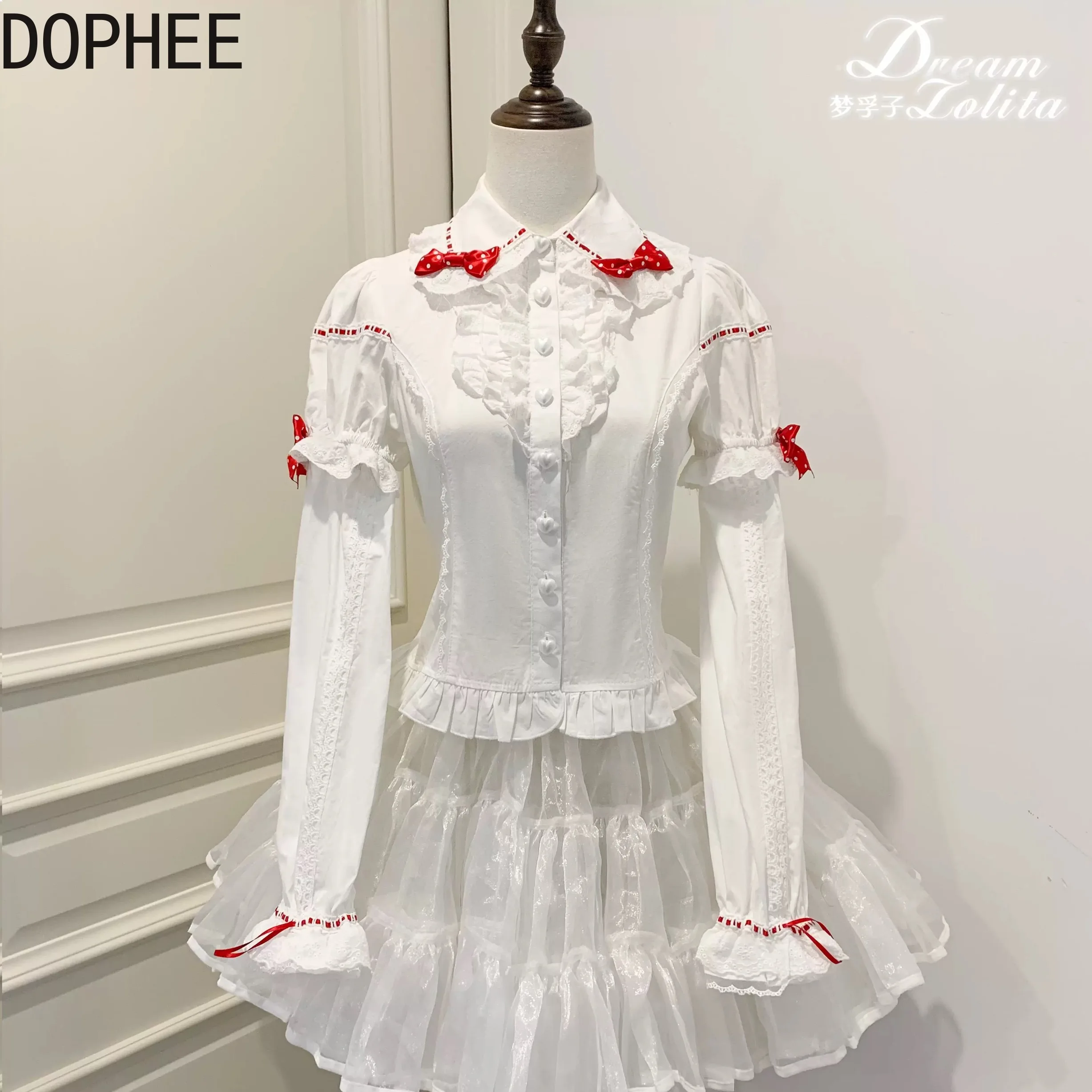 Original Spring Summer Detachable Sleeves White Blouses Single-breasted Love Cute Lolita Tops Elegant Lace Bow Women Shirts