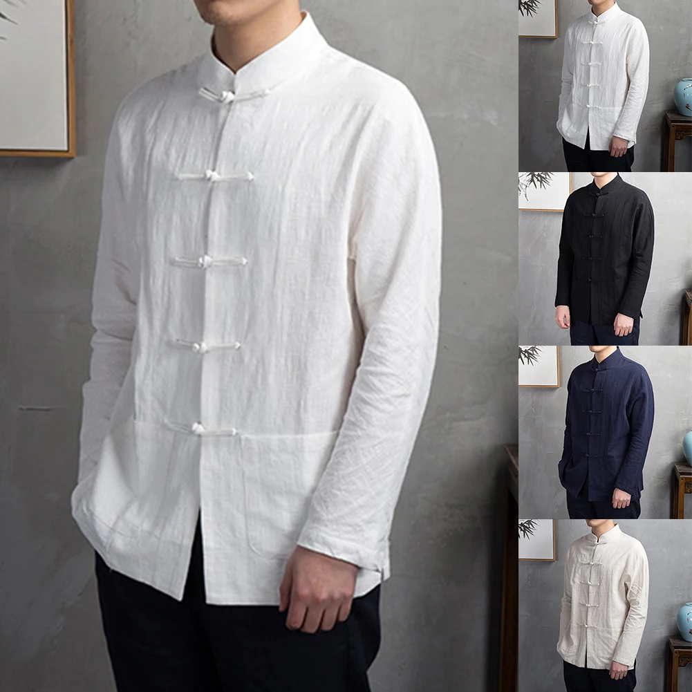 Retro Casual Men Chinese Traditional Clothing Kung Fu Tai Chi Coat Tang Suit Long Sleeve Shirts Uniform Man Clothing