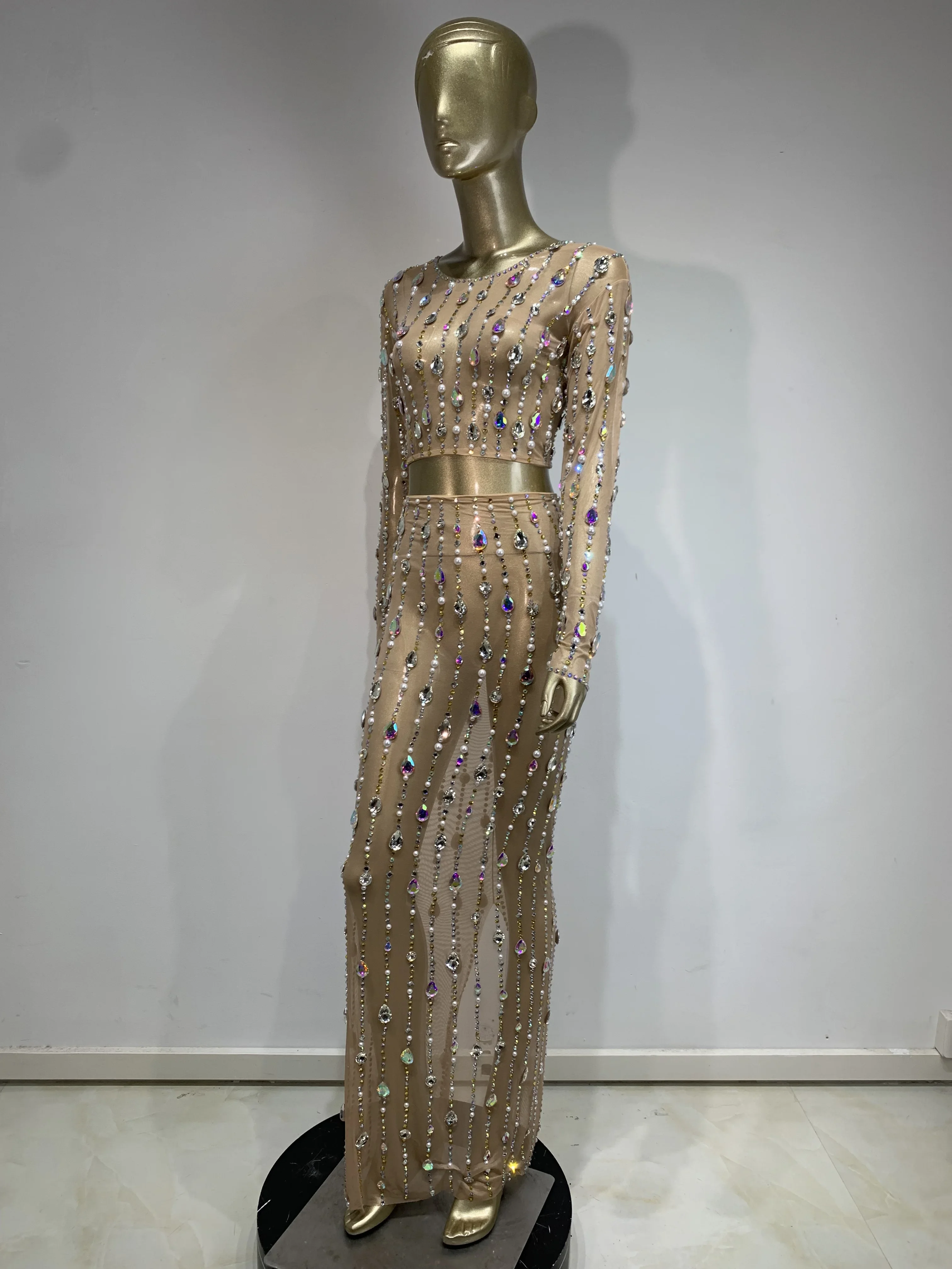 럭셔리 스파클링 라인 석 진주 섹시한 메쉬 긴 소매 스커트 세트 무대 의상 여성 클럽 저녁 파티 드레스를 통해 볼