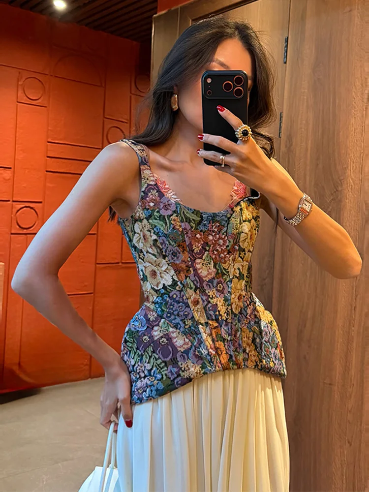 Vintage Floral Print Women's Corset Top Fishbone Spaghetti Strap Square Neck Bandage Slim Bustier 2026 Summer Party Club Tanks