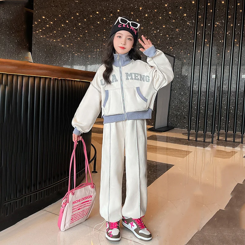 

2025 Korea Autumn Children Sets For Girl Cardigan Letter Jacket +Cotton Sports Trousers Teenage Girl 3-14 Years Two-piece Outfit