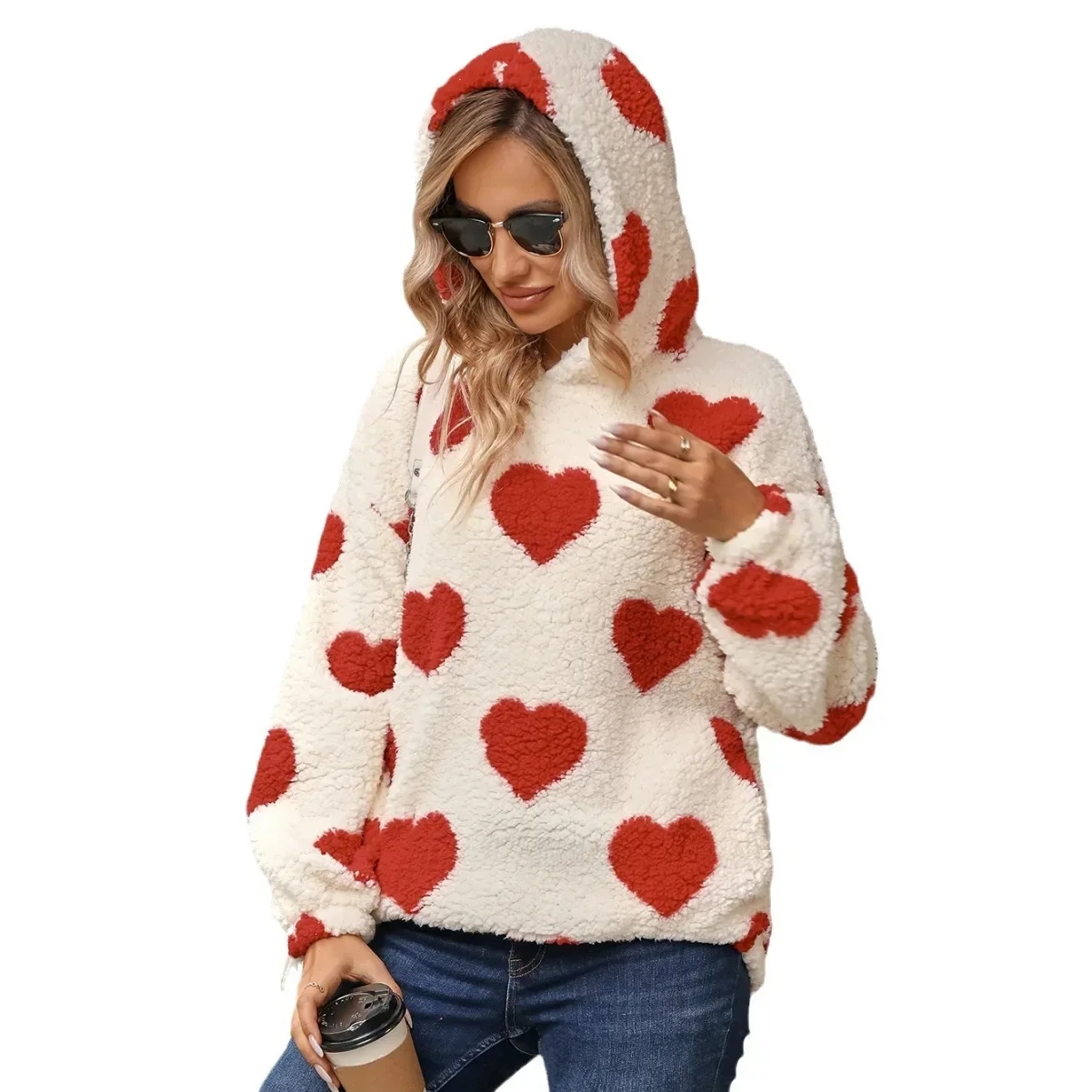 Abrigo holgado y esponjoso para mujer, chaqueta cálida de felpa con estampado de amor, jersey con capucha, moda de invierno, 2023