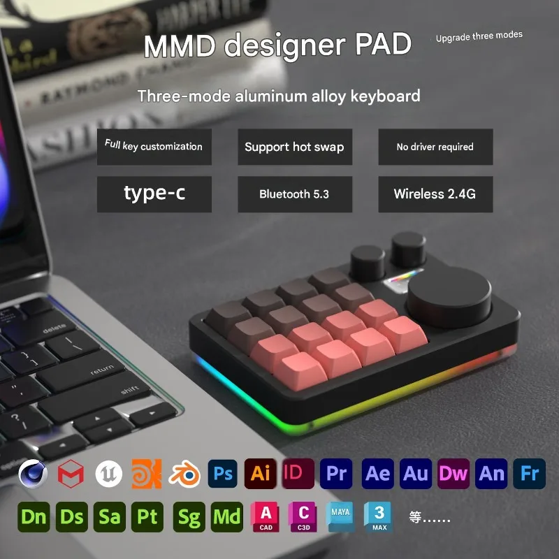 MMD KM16Pro Mechanical Keyboard Gasket Hot Swap Three-Mode Aluminum Alloy Designer PS PR C4D Editing Mini Keyboard Durable