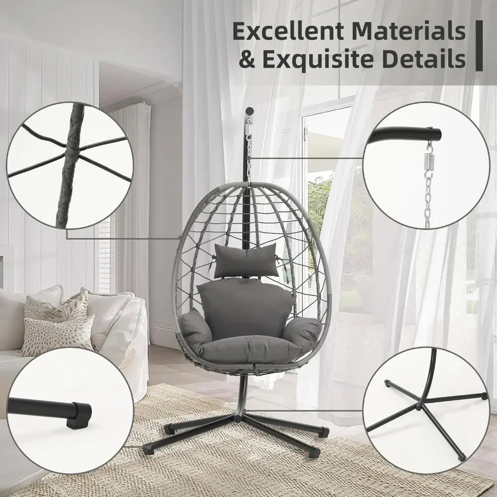 Silla de huevo oscilante con soporte, silla colgante, cesta nido, resistente a los rayos UV, cojines extraíbles y lavables, capacidad de 350 libras para dormitorio